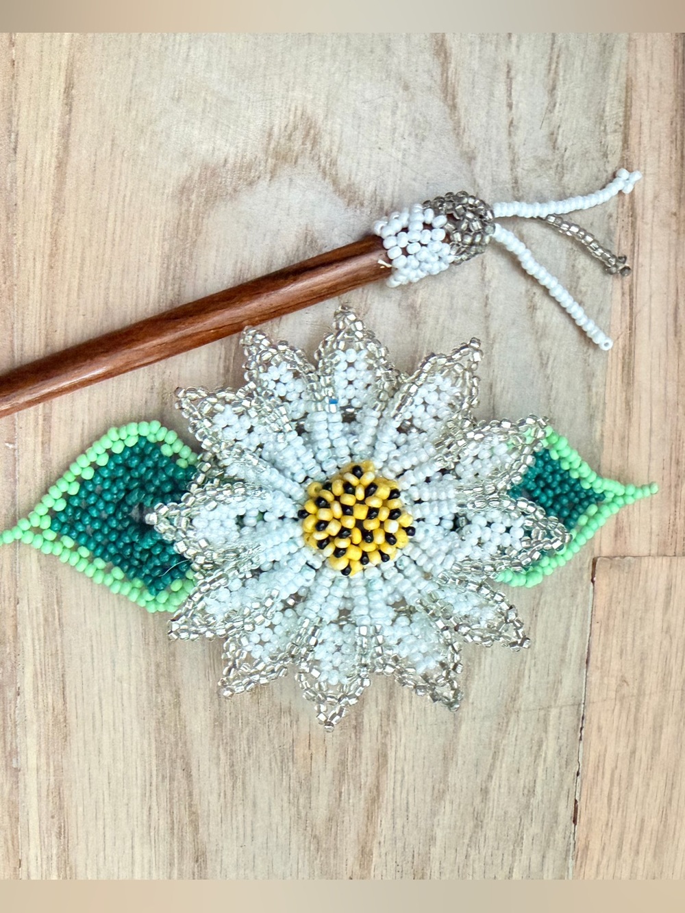 Handcrafted Beaded Daisy Hair Stick - White, Yellow & Green